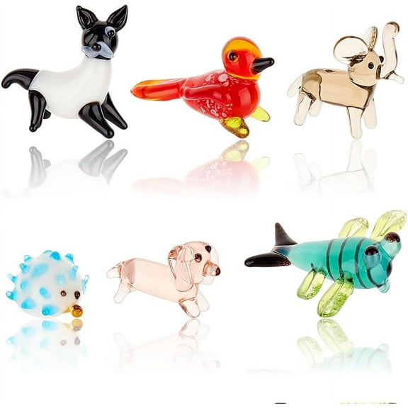 6 Pcs Animals Figurines 6 Styles Glass Animal Figurines for Table Home Decoration Dragonfly Bird Hedgehog Dog Elephant Palm Civet Glass Display Miniature for Anniversary Birthday Gift for DIY