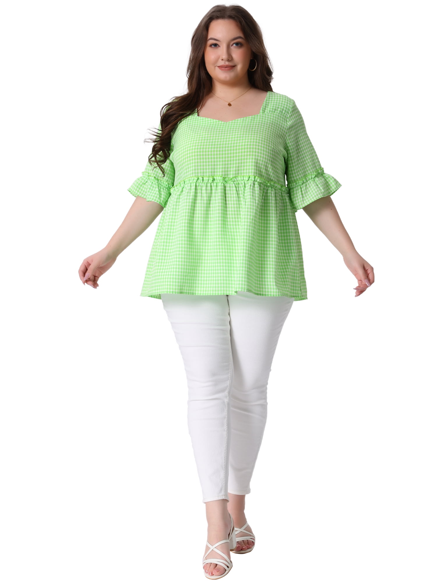 DARING DIVA Women's Plus Size Gingham Sweetheart Neck Ruffle Sleeve Blouse 3X Green