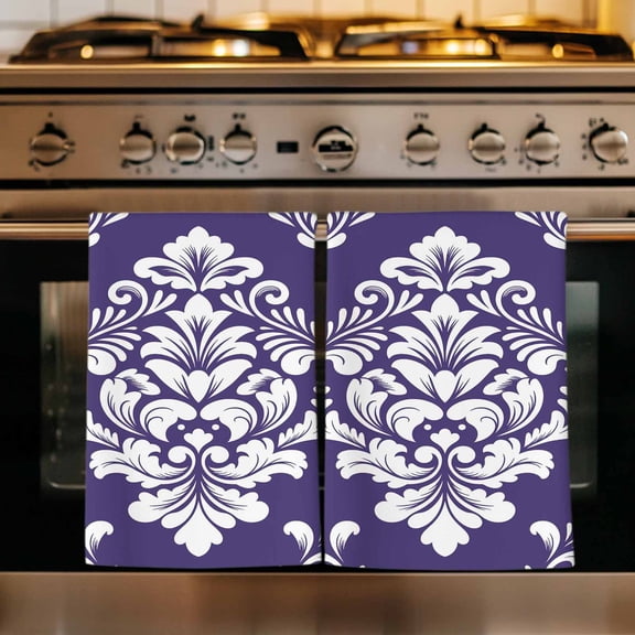 Purple Boho Kitchen Towels Set of 3, Vintage Classic Bohemia Flower Textured Absorbent Dish Towels for Kitchen, Microfiber Hand Towel, Quick Drying Tea Towel for Cleaning Decorative Dishcloths