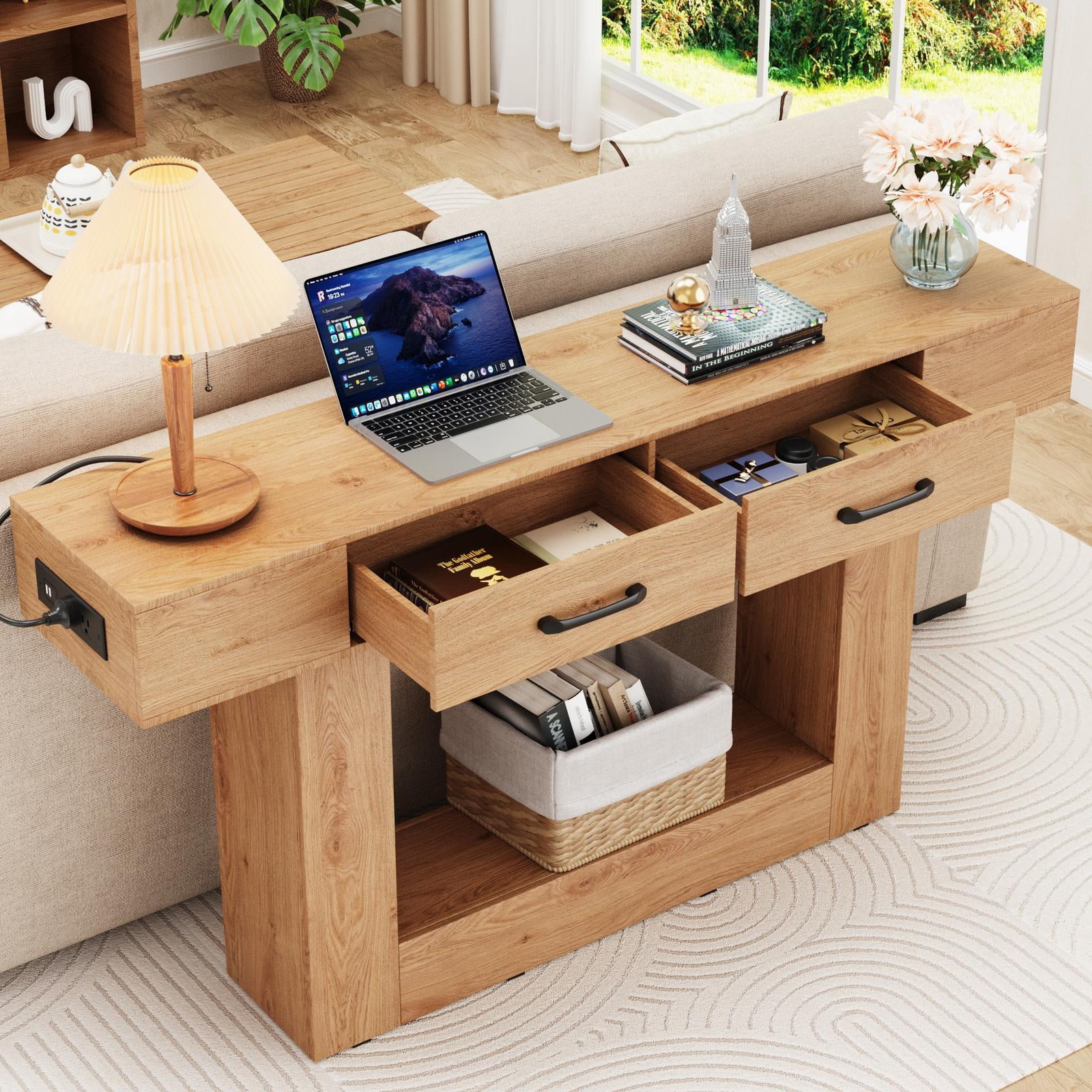 63" Long Console Table, Holaki Modern Farmhouse Entryway Table with 2 Drawers, Outlet & LED Strip, Console Tables with 20 Static Colors & 20 Changing Modes for Living Room, Office, Natural Wood