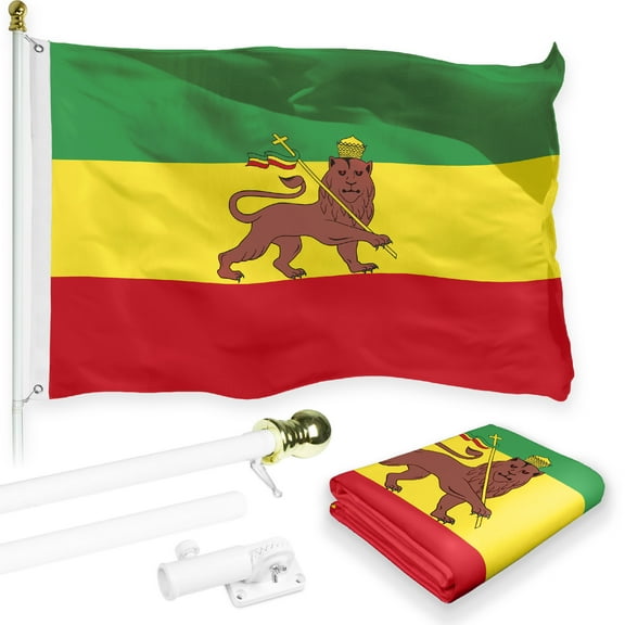 G128 Combo Pack: 6 Feet Tangle Free Spinning Flagpole (White) Ethiopia Ethiopian Flag 3x5 ft Printed 150D Brass Grommets (Flag Included) Aluminum Flag Pole