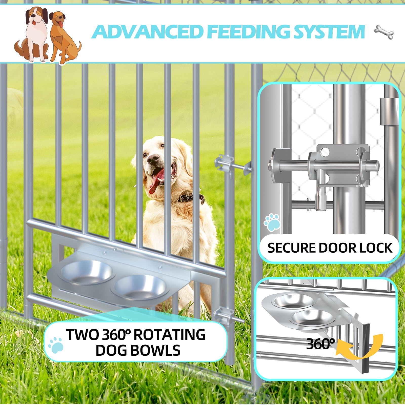 Erinnyees 13FT Outdoor Dog Kennel, Extra Large Dog House Pen Enclosure with Roof, Rotated Dog Bowls, Secure Lock, Wateproof Sunproof Cover