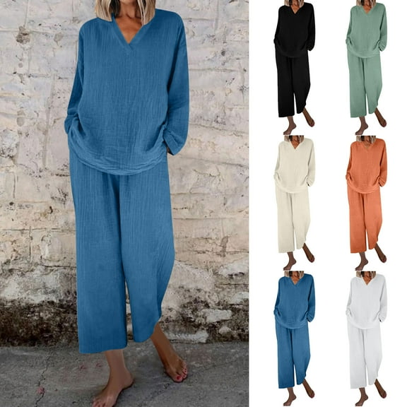 Ahuyic Women Summer Clothing Set,Casual Summer Outfits,Women's Casual V-neck Pullover Long Sleeved And Pocket Long Pants Cotton Set