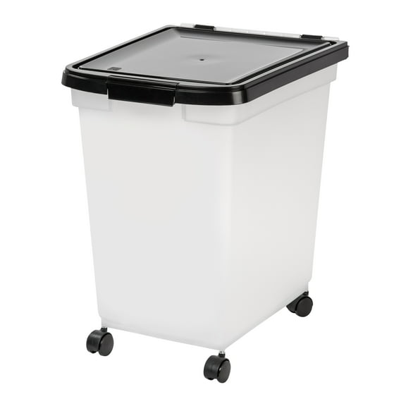 IRIS USA 50 Lbs / 65 Qt WeatherPro Airtight Pet Food Storage Container with Removable Casters, for Dog Cat Bird and other Pet Food Storage Bin, Keep Fresh, Translucent Body, Easy Mobility, Pearl/Black
