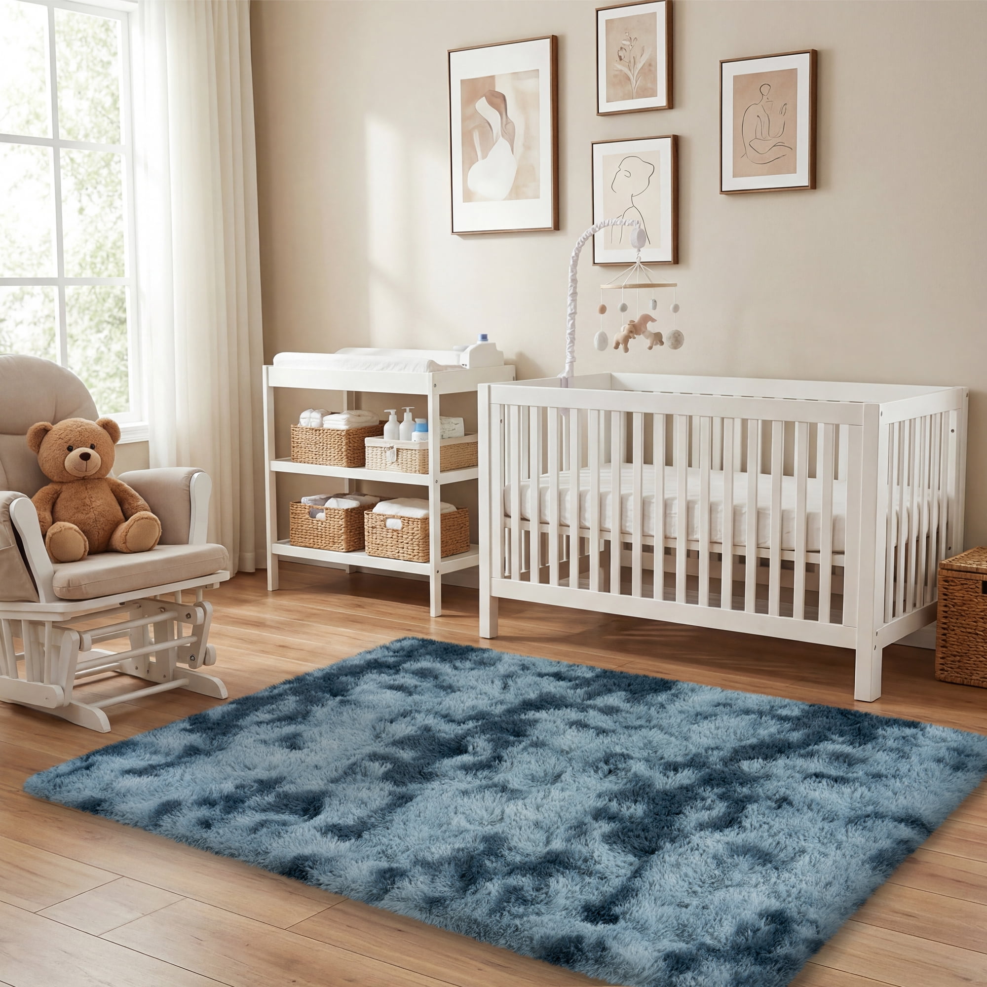 ZENELESS 4x6ft Fluffy Rugs,Super Soft Indoor Modern Carpets,Anti-skid Fuzzy Area Rug for Teens Dorm Nursery Bedroom Home Decor Tie-dye Blue&Gray