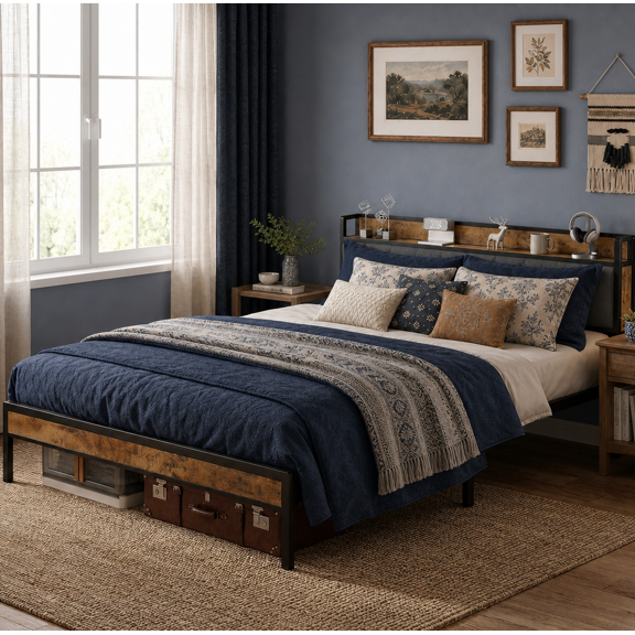 Full Metal Platform Bed Frame with Storage Headboard & Footboard, Noise-Free, No Box Spring Needed, Retro