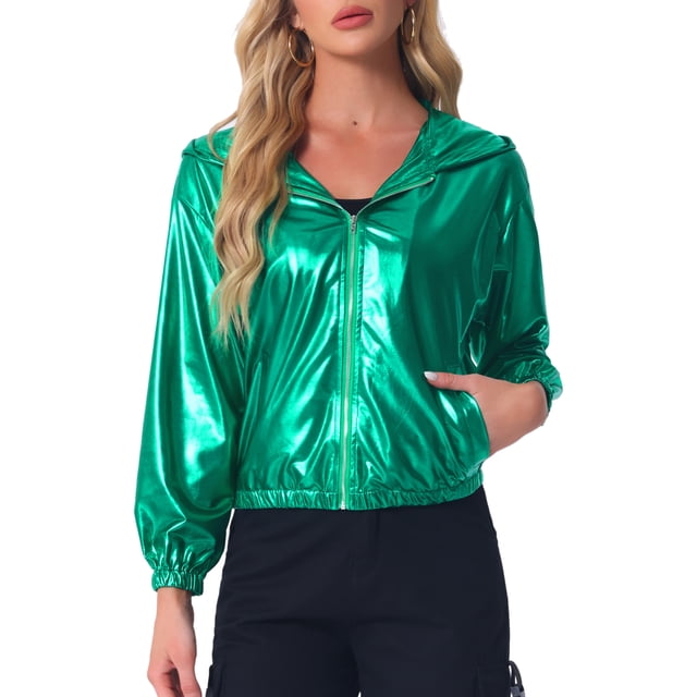 Chaqueta Brillante de Manga Larga Ligera con Capucha y Cremallera para Mujeres INSPIRE CHIC Color Verde