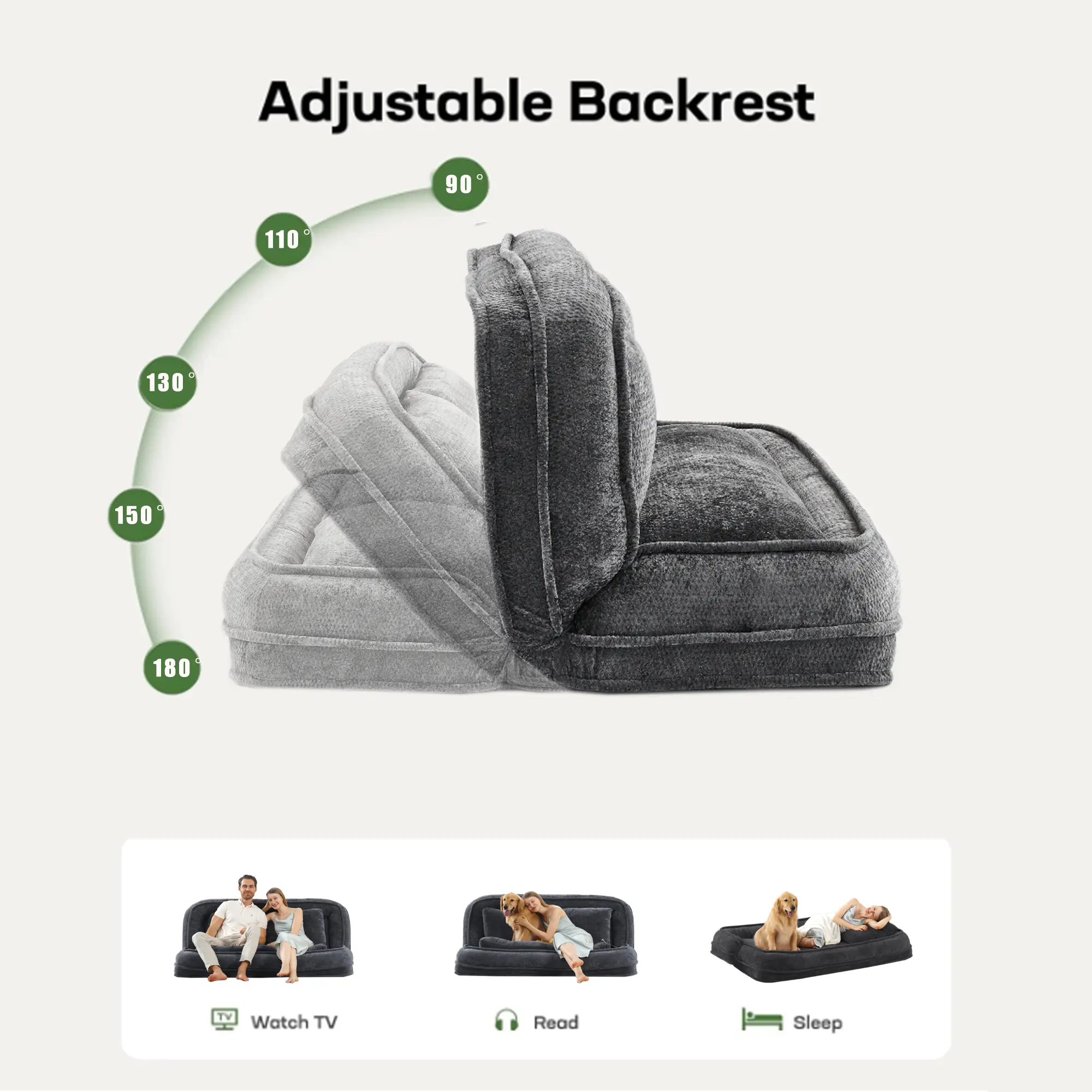 Aukfa Double Human Dog Bed Lazy Sofa Loveseat with Adjustable Backrest, Extra Large 2-Seat Floor Couch with Plump PillowDark Gray
