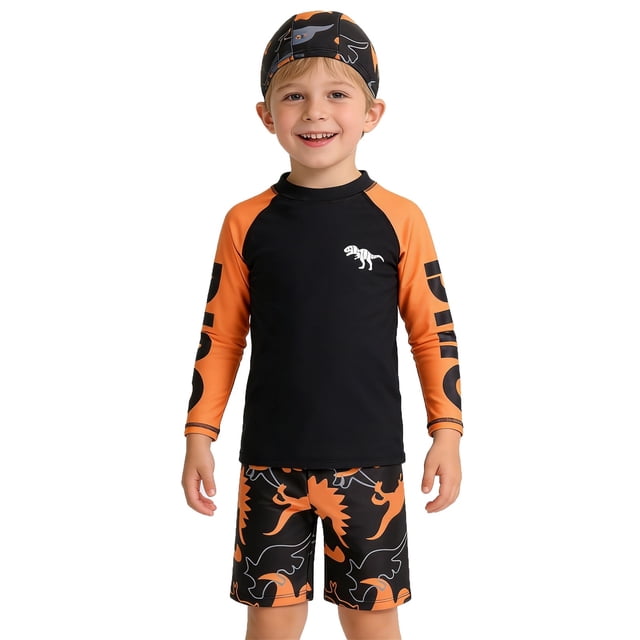 TBWNWG Boys Dinosaur Sun Protective Swimwear Set Long Sleeve Rash Guard Shirt With Matching Trunks UPF 50 For Beach Pool Water Activities