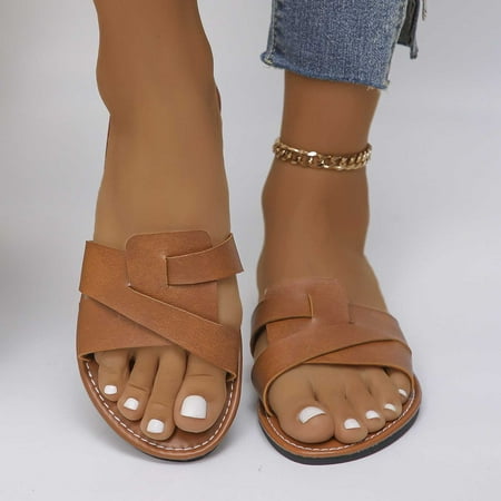 

Wavsuf Slides for Women Casual Summer Solid Wide Beach Brown Slides Slippers Size 8.5