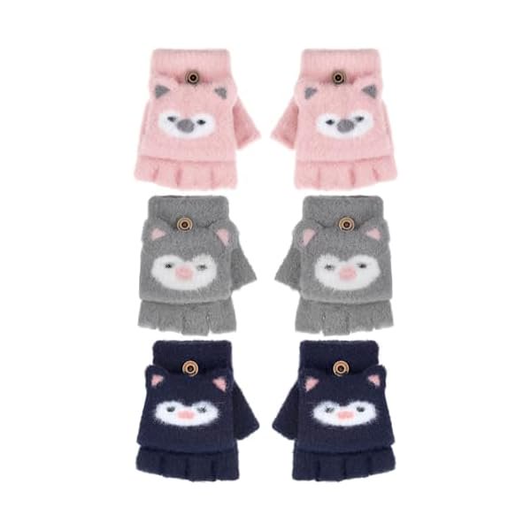 wonima44 Geyoga 3 Pair Kid Fingerless Gloves Convertible Flip Top Gloves Winter Warm Half Finger Mitten for Kid Boy Girl 5-10 Year