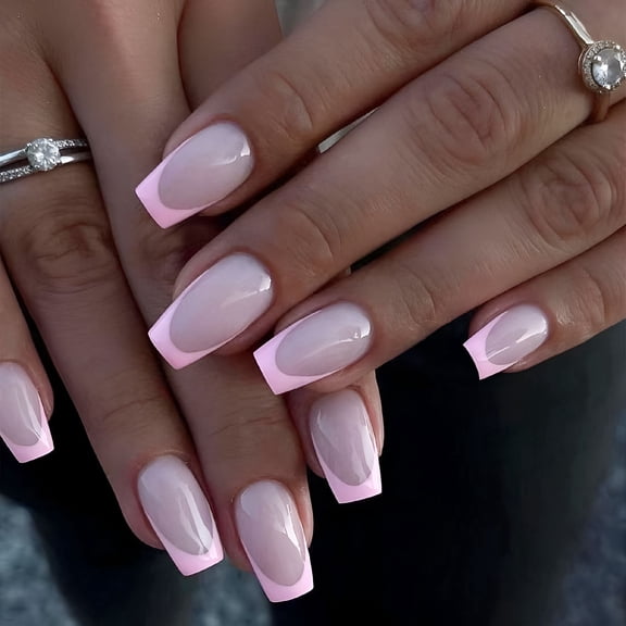 RAGUPEL Pink French Tip Press on Nails Short Square Fake Nails Nude False Nails with Design Full Cover Glossy Glue on Nails Set Gel Nails Press Ons Acrylic Artificial Nails for Women Manicure 24Pcs