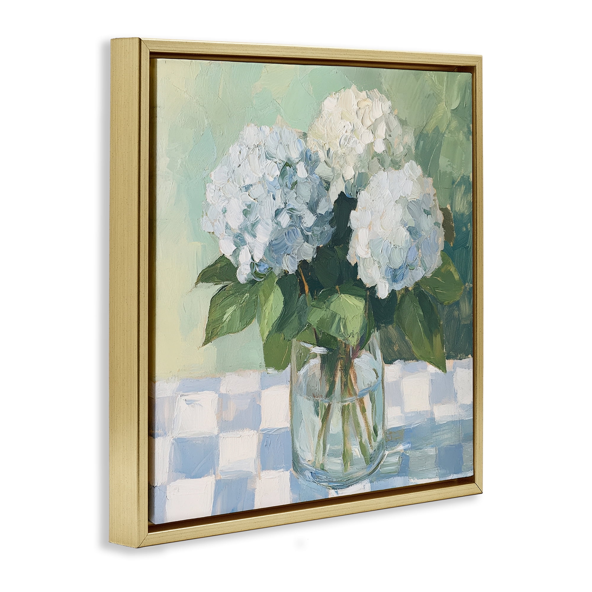 Stupell Industries Hydrangea Picnic on Checkered Gold Framed Floater Canvas Wall Art, design by Petal Prints Design