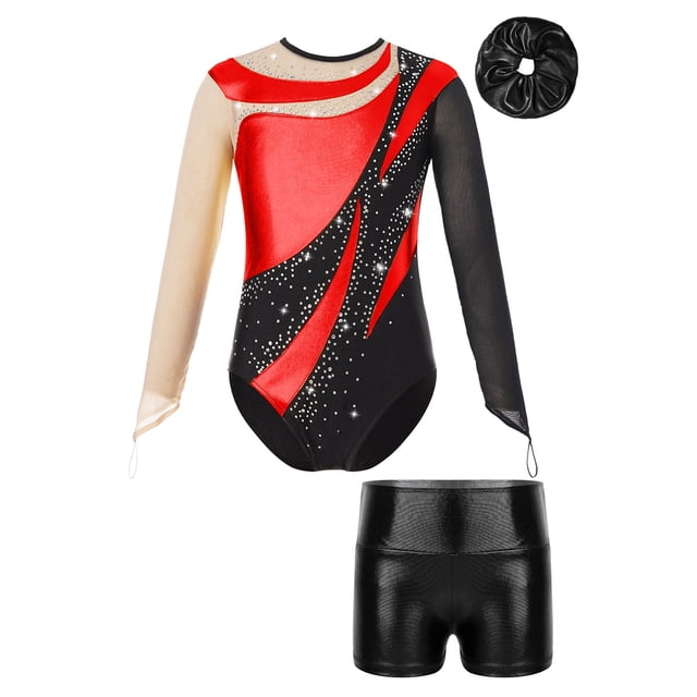 Runhomal Ensemble de 2 Pcs pour Enfants Justaucorps Métalliques avec Shorts Costume de Performance Rouge&Noir 16