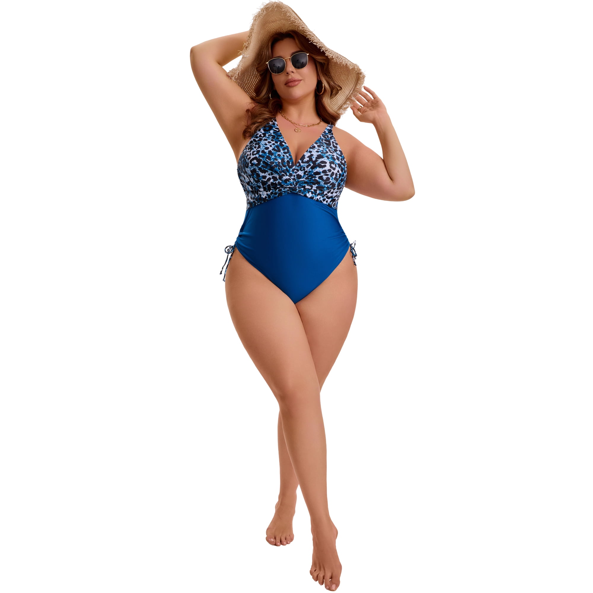 DARING DIVA Women's Plus Swimsuit with V Neck and Adjustable Push Up Design 4X Blue