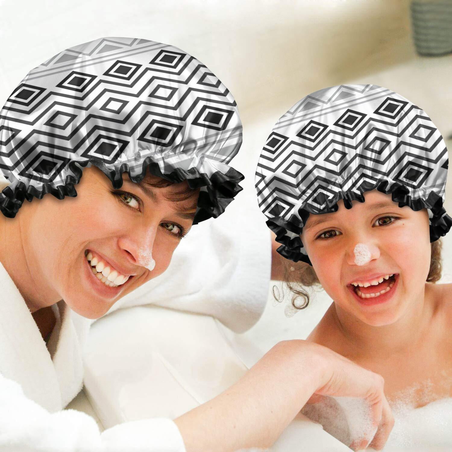 Shower Caps,Boho Black and White Geometric Ethnic Pattern Waterproof Shower Cap for Women 4 Pieces,Double Reusable Hair Cover for Shower PEVA Elastic Stretch Hem