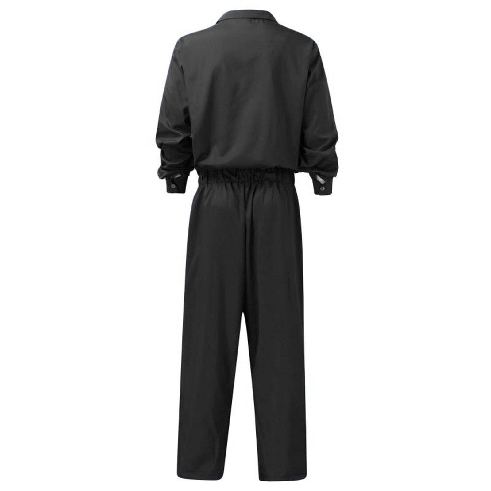 Black Cargo Pants Mens Long Sleeve Jumpsuits Coverall Casual Lapel