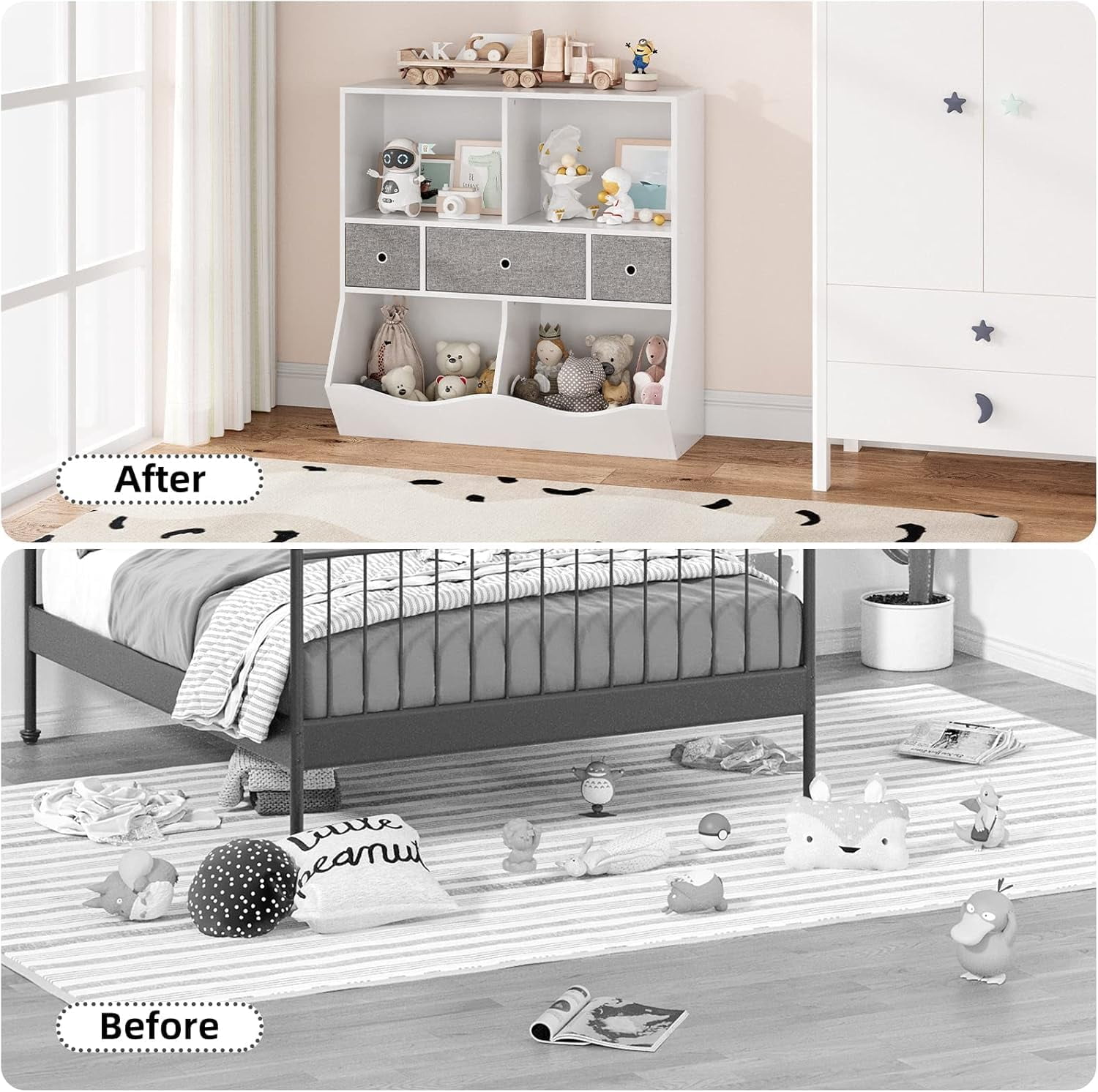TROPOW Toy Storage Organizer,Kids Bookshelf and Toy Storage Organizer with 3 Movable Drawers, Floor Storage Cabinet Toy Chest with 4 Cubbies, Multifunctional Storage Chest for Nursery,White