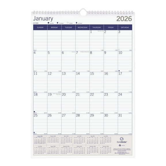 2026 Blueline DuraGlobe™ Monthly Wall Calendar, 12" x 17", Blue/White, January To December, C171203