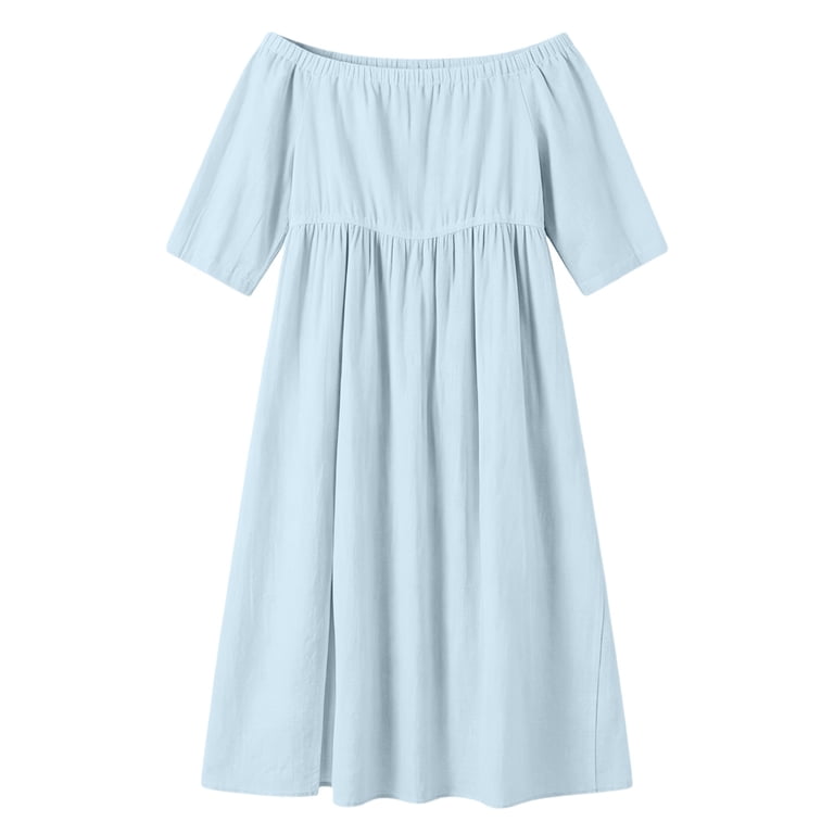 ClodeEU Women's Off The Shoulder 3/4 Sleeve Maxi Dress,Casual Tunic Waist Beach Dress with Side Slit Light Blue,Women's Plus XXXL