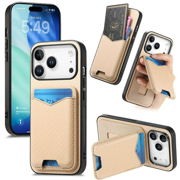 For iPhone 17 Pro Case Card Holder Kickstand Carbon Fiber Texture Back Cover -