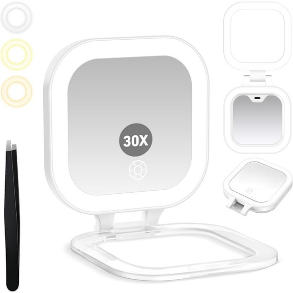 Travel Mirror with Light, 1x/30x Magnifying Mirror with 3 Color Lights and Adjustable Brightness, 4.5x3.9 inch Small Compact Hangable Hand Pocket 3 Way Mirrors, Comes with Tweezer
