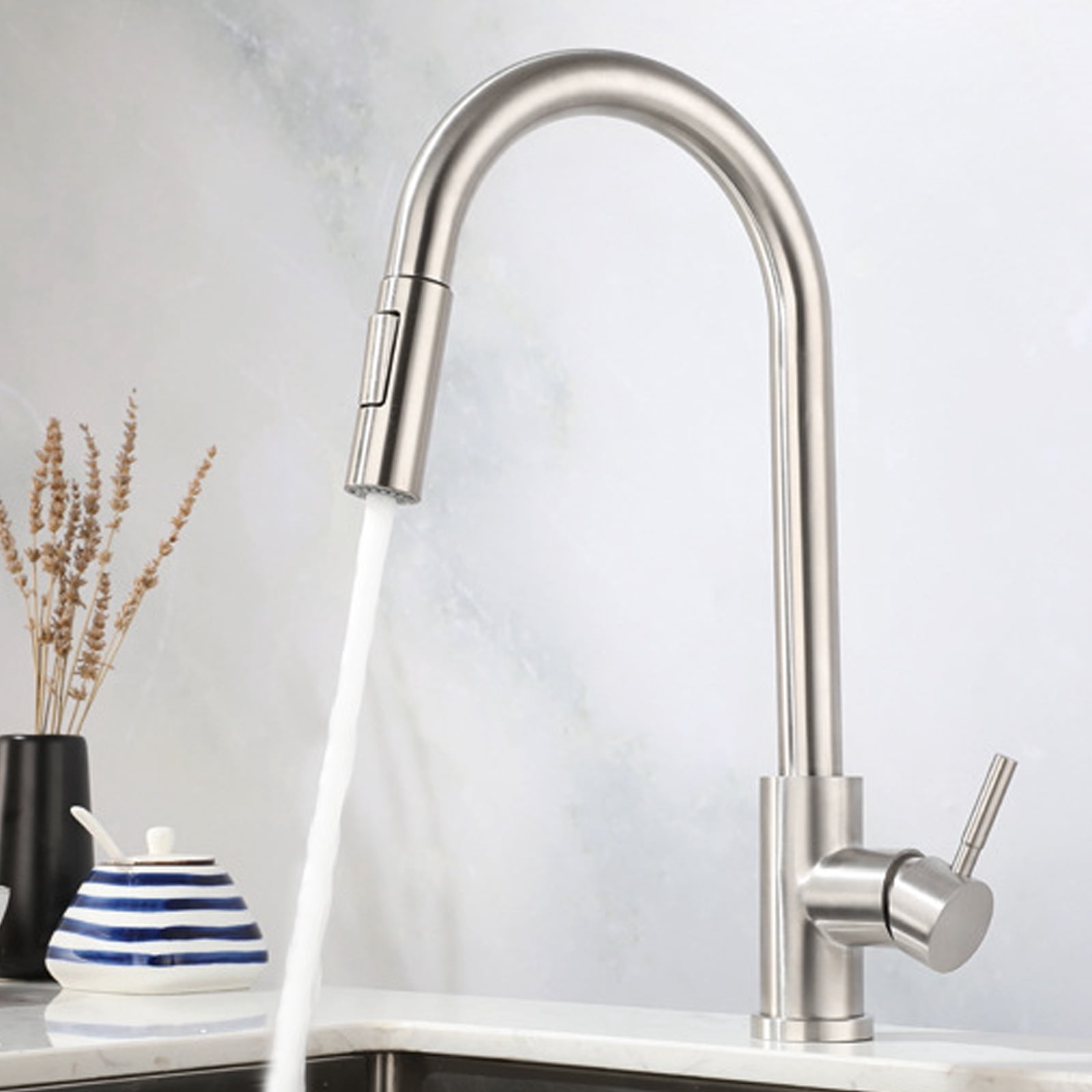 Brushed Nickel Kitchen Faucet, Single Handle, 2 Water Mode 360 Degree Swivel Pre-Rinse Pull Out Kitchen Sink Faucet with Deck Plate