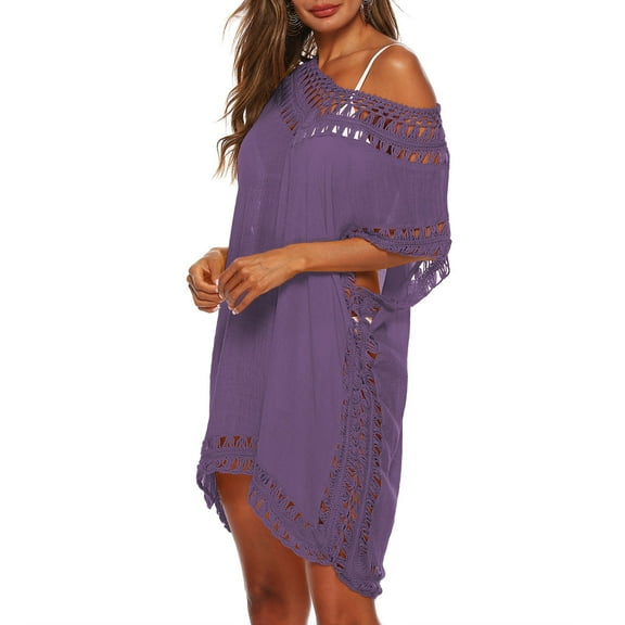 HOWPAY Swimsuit Coverup for Women Hollow Out Swimsuit Coverup Short Sleeve Casual Swimwear Summer Crochet Beach Dress Vacation Outfits Purple One Size