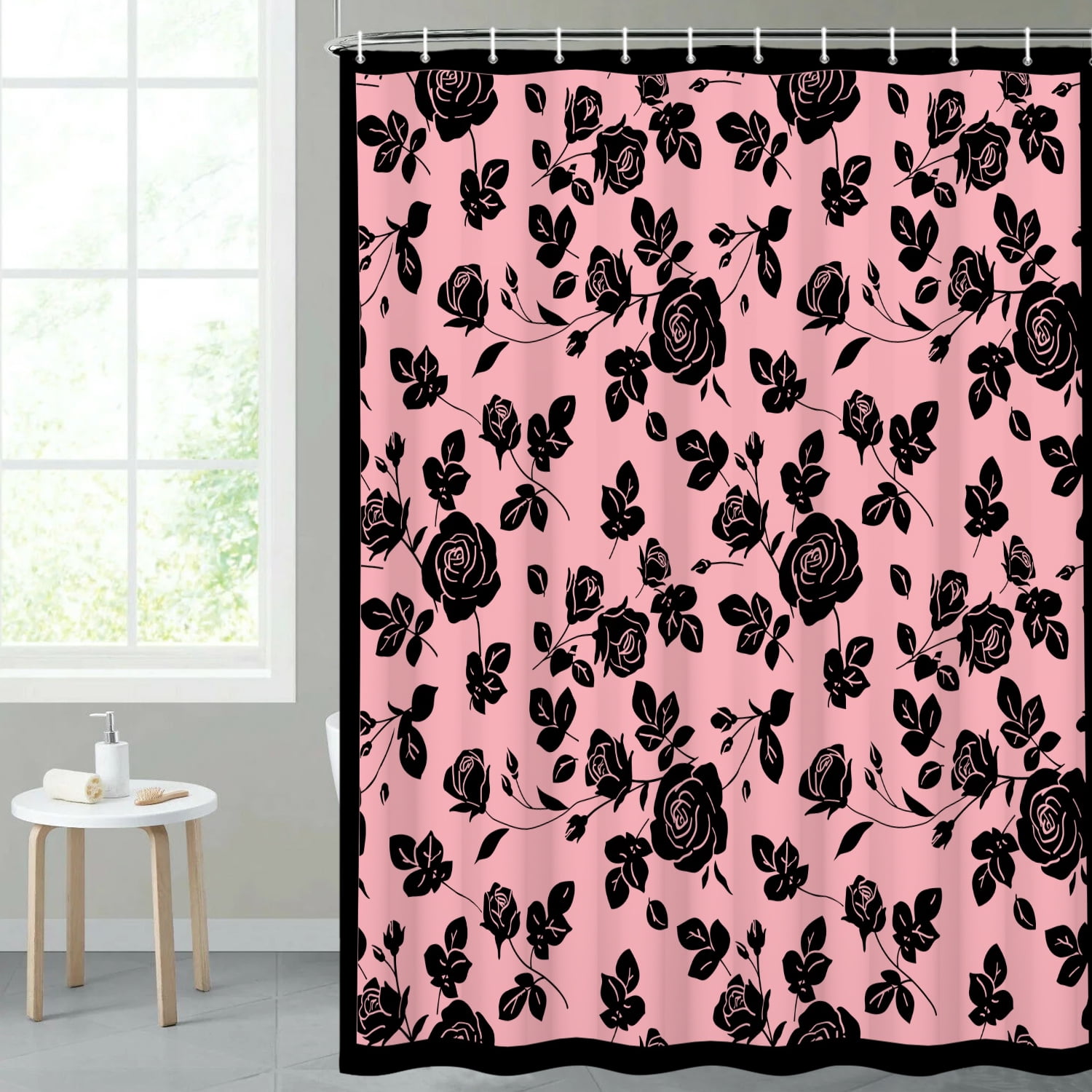 MIZHONA Black and Pink Floral Shower Curtain Vintage Rose Print Waterproof Fabric Bathroom Curtain 72x78 in