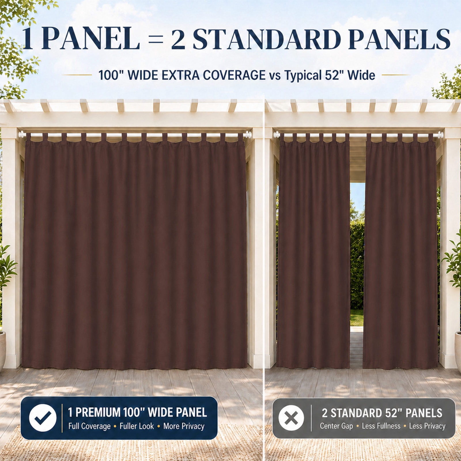 Lapalife Outdoor Curtain for Patio Waterproof Extra Wide, Tap Top Blackout Curtain Thermal Insulated Drapes, 1 Panel, 100''x 84'', Brown