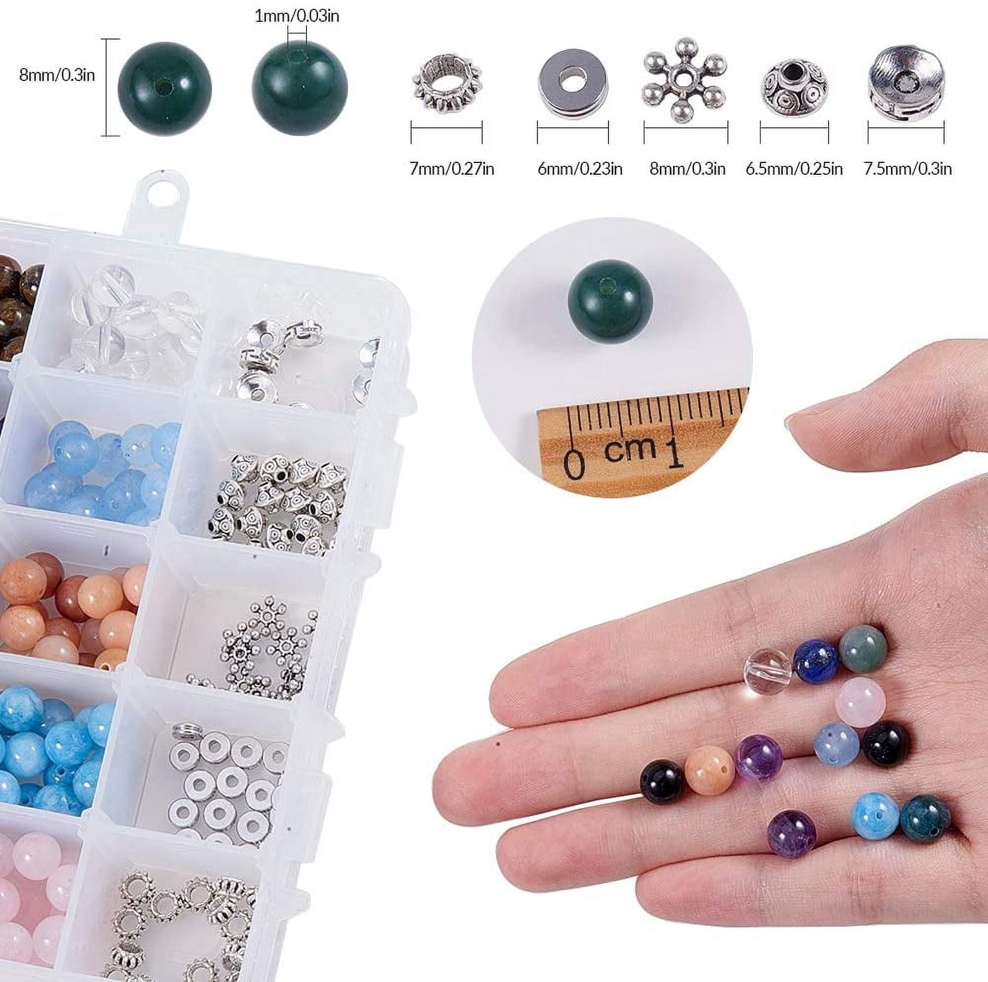 1 Box 200Pcs 10 Styles Gemstone Round Loose Beads with 100Pcs 5 Styles Bicone Spacer Beads Beading Needles Scissors Thread for DIY Bracelet Jewelry Making Supplies Craft Mixed Color Mixed Color