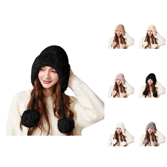 Women Triple Pom Pom Beanie - Plush Thick Knit Hat With Ear Flaps, Cute Fashion Warm Stocking Stuffers, Winter Gifts For Girls Teen Girls Christmas
