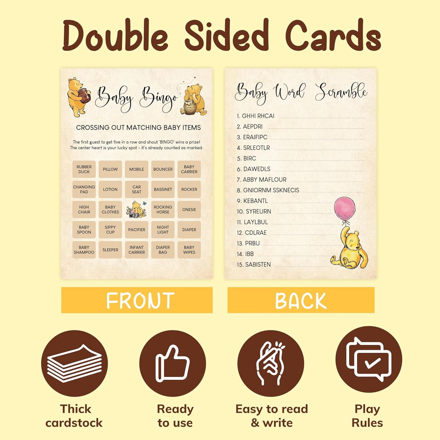 Winnie Baby Shower Games Boy - Pooh Baby Shower Bingo Cards for 25 Guests, Word Scramble Favors, Guess Who Mommy Or Daddy Game Ideas for Party Decorations