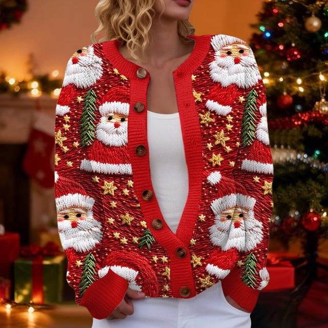 Chandails d'Hiver Grande Taille pour Femmes Cardigan à Boutons Imprimé de Noël à Col en V Mode et Décontracté Rouge m