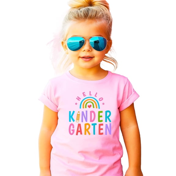 Hello Kindergarten Shirt for Girls Rainbow Back to School First Day Graphic Tee Kids Pink Shirt 5-6