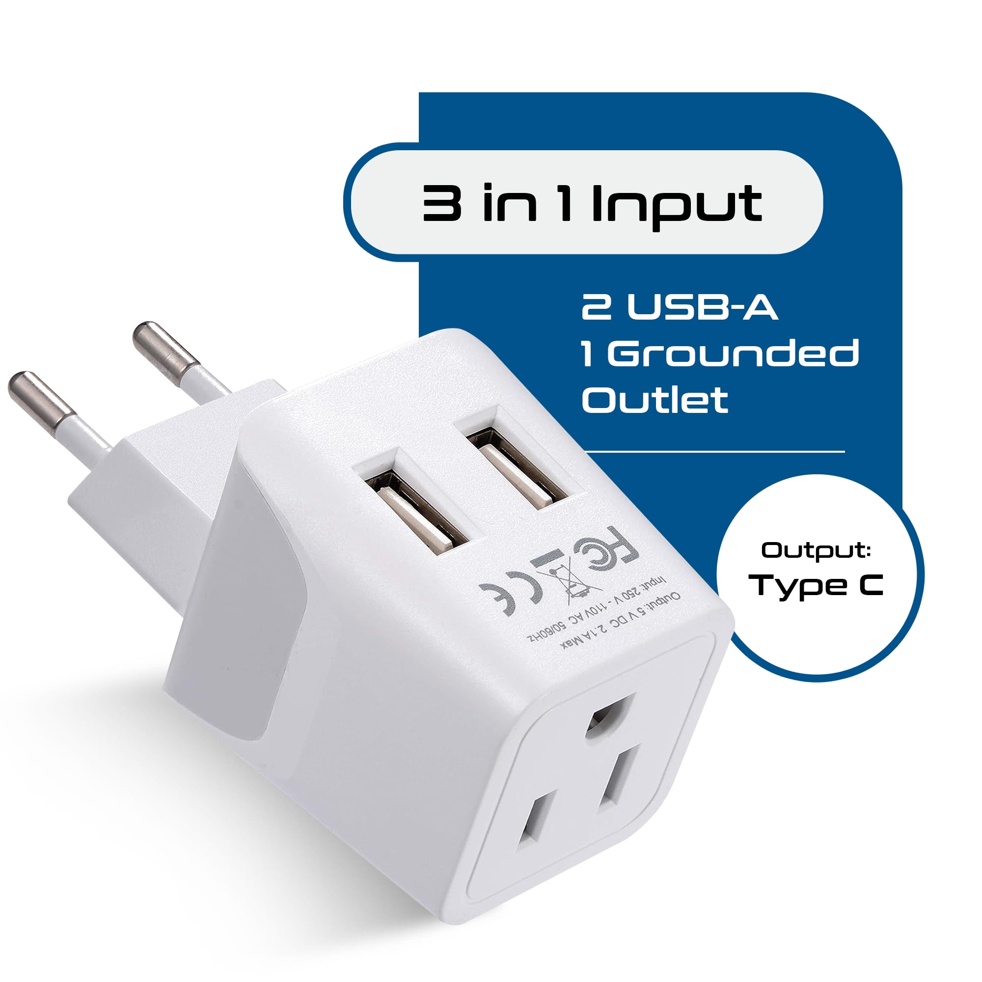 Ceptics CTU-9C Continental European Travel Adapter Plug - Type C - Dual USB Devices