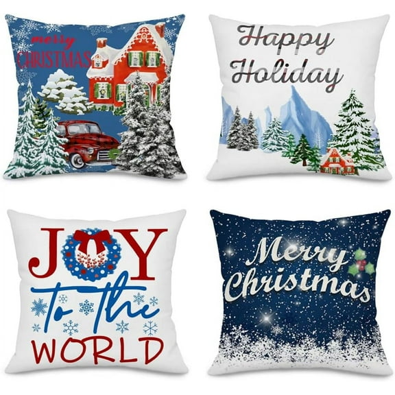 Blue Merry Christmas Pillow Covers 18x18 Inch Red Buffalo Plaids Truck with Xmas Tree Joy Wreath Winter Snowflake Happy Holiday Farmhouse Decorations Throw Pillow Cases White Linen, 4 Pack