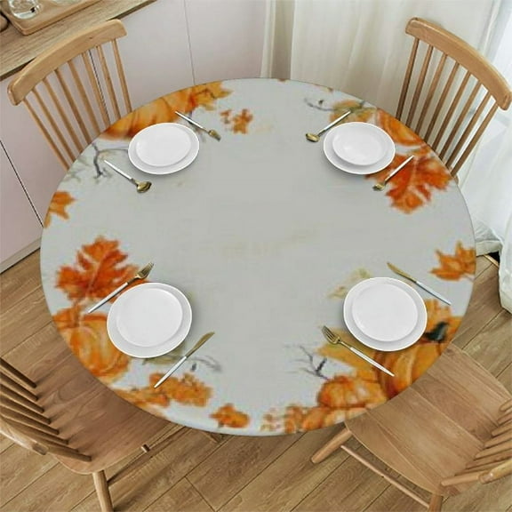 Qinduosi Fall Orange Pumpkin Round Fitted Tablecloth Autumn Harvest Maple Leaves Farmhouse Elastic Table Cloth Waterproof Oil Proof Thanksgiving Table Cover 31"-35