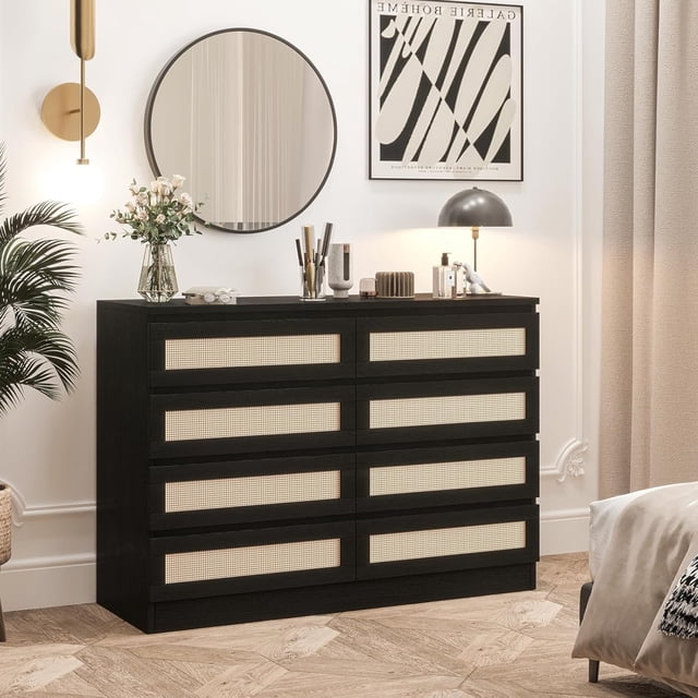 Eastvita Rattan 8-Drawer Wood Dresser/Multi - Purpose Chest of Drawers for Bedroom/Living Room/or Entryway/with Wide Tabletop/Smooth Metal Rails/Anti - Tip Safety/Durable/Elega...