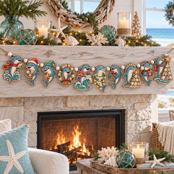 Festive Dolphin Seashell Wooden Ornament Garland for Coastal Christmas Mantel Decor