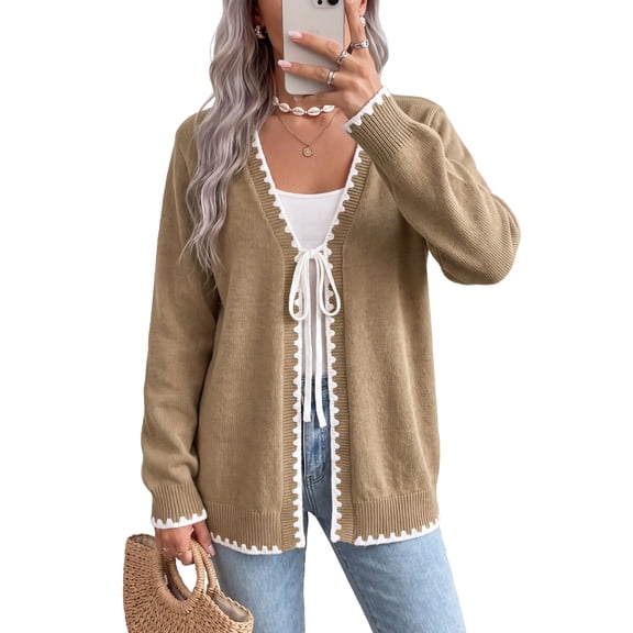 Uvplove Women's Contrast Trim Tie Front Cardigan Sweater - V Neck Long Sleeve Casual Knit Open Front Top,Camel,XL