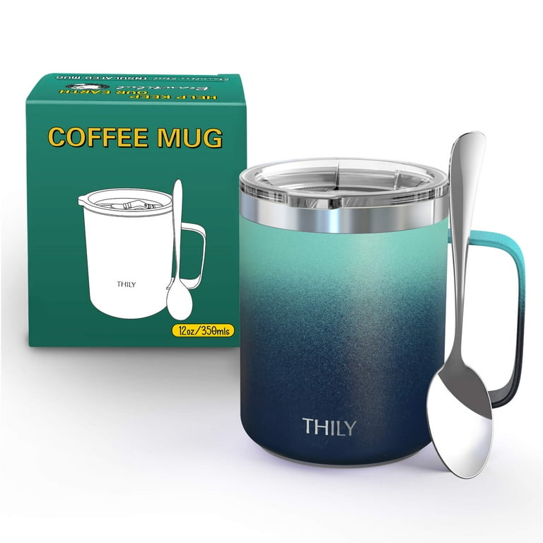 Vacuum Insulated Travel Coffee Mug, THILY 12 oz Stainless Steel Coffee Cup  with Handle, Spill-Proof Lid, Keep Coffee Cold or Hot, Blue Swirl 