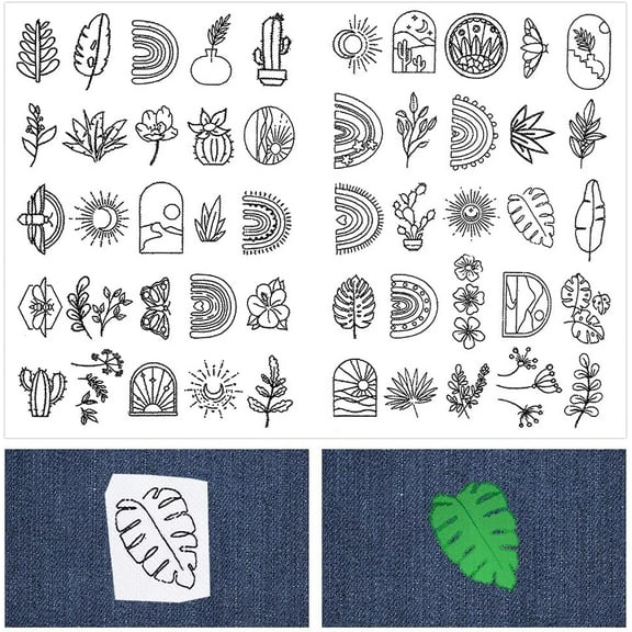 100Pcs Flowers Rainbow Water Soluble Embroidery Stabilizers Hand Sewing Stick and Stitch Transfers Paper Wash Away Pre-Printed Self Adhesive Patterns for Bags Cloth Sewing Lovers Needlework