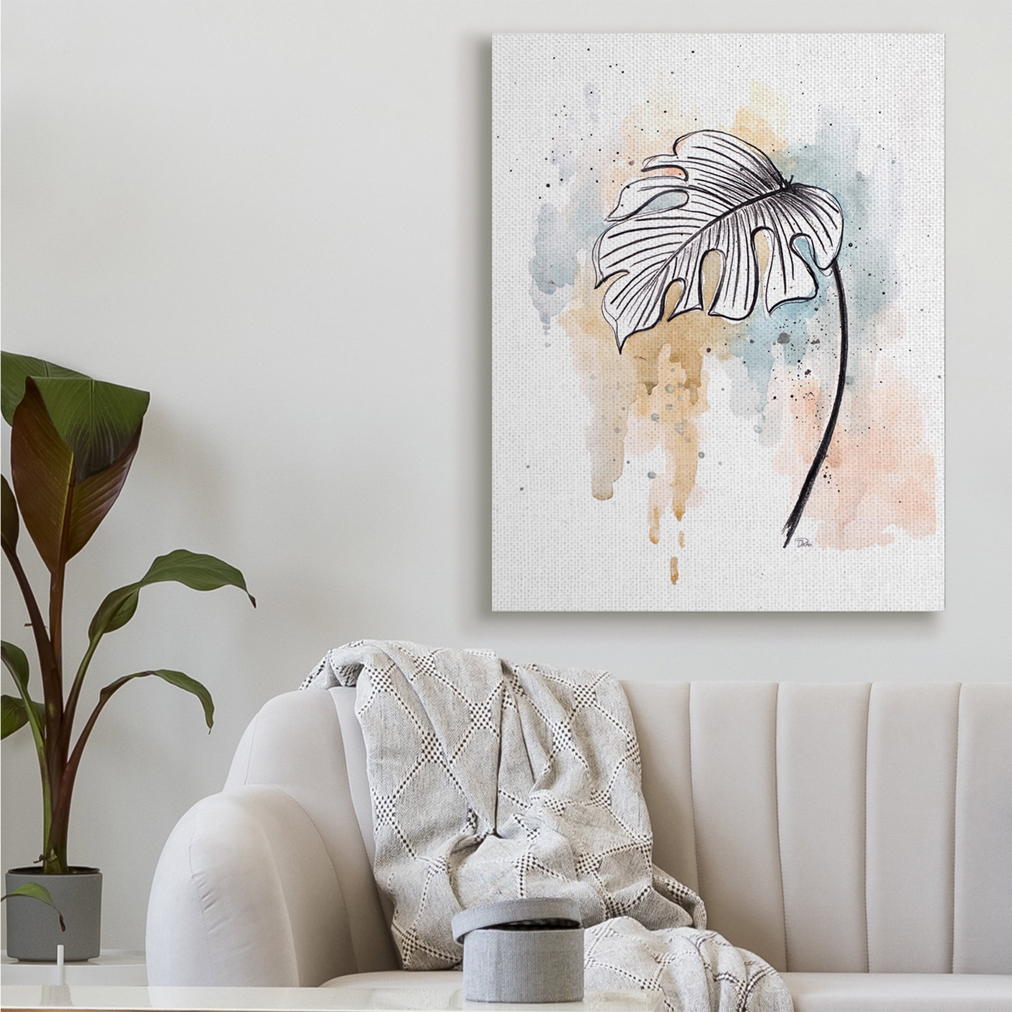 Stupell Industries Monstera Plant Stem Blue Brown Splatter Watercolor,36 x 48,Designed by Patricia Pinto