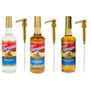 Torani Syrup, Vanilla, Caramel and Hazelnut, 25.4 oz (3 pack) Plus Three Syrup Pumps for Torani 25.4 Ounce Bottles, to Enhance Coffee, Latte, Desserts