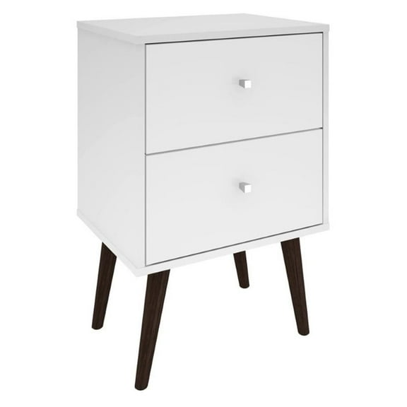 Pemberly Row 2-Drawer Mid-Century Solid Wood End Table in White/Brown
