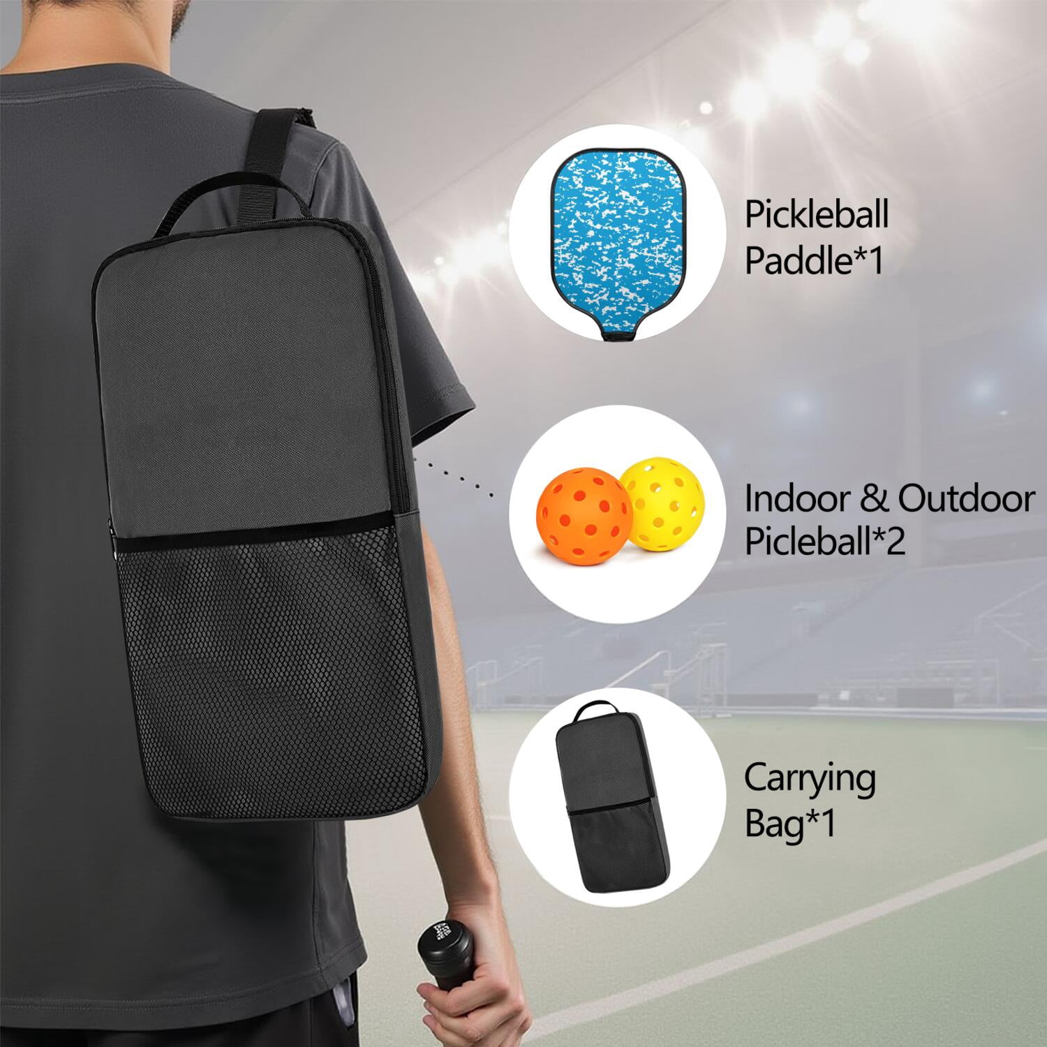 Pickleball Paddles Set Of 1, Fiberglass Surface, Camouflage Print, 1 Paddle, 2 Balls & Bag