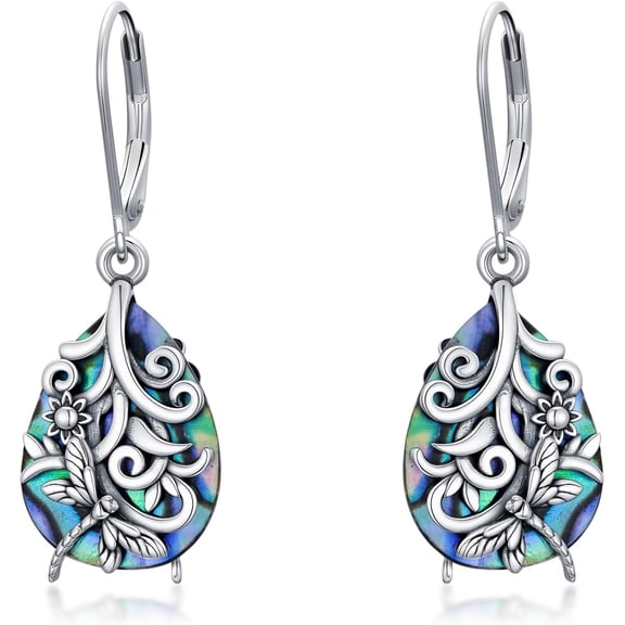 Dorunmo Dragonfly Filigree Earrings 925 Sterling Silver Teardrop Abalone Shell Drop Dangle Earrings Filigree Leverback Earings Gifts for Women