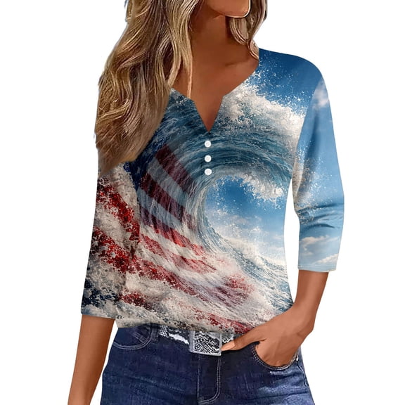 CONZONE 4Th Of July Womens T-Shirts 3/4 Sleeve Independence Day T Shirts for Women Casual V Neck Patriotic America Flag Graphic Lightweight Tees Soft Cozy Tops