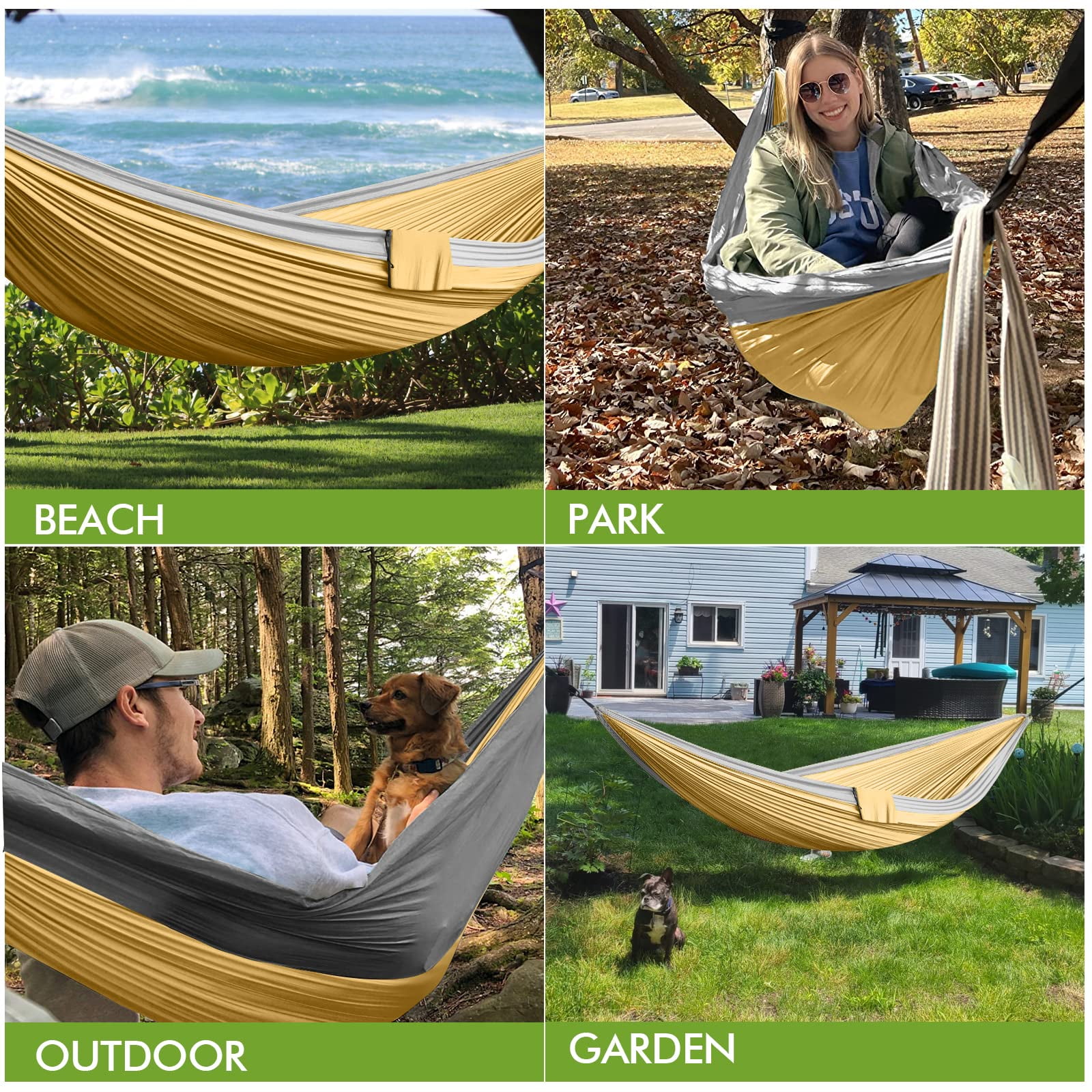 Double Camping Hammock - Outdoor Portable Nylon Hammock with 500lbs Capacity, Perfect for Camping, Hiking, and Travel,Khaki&Gray
